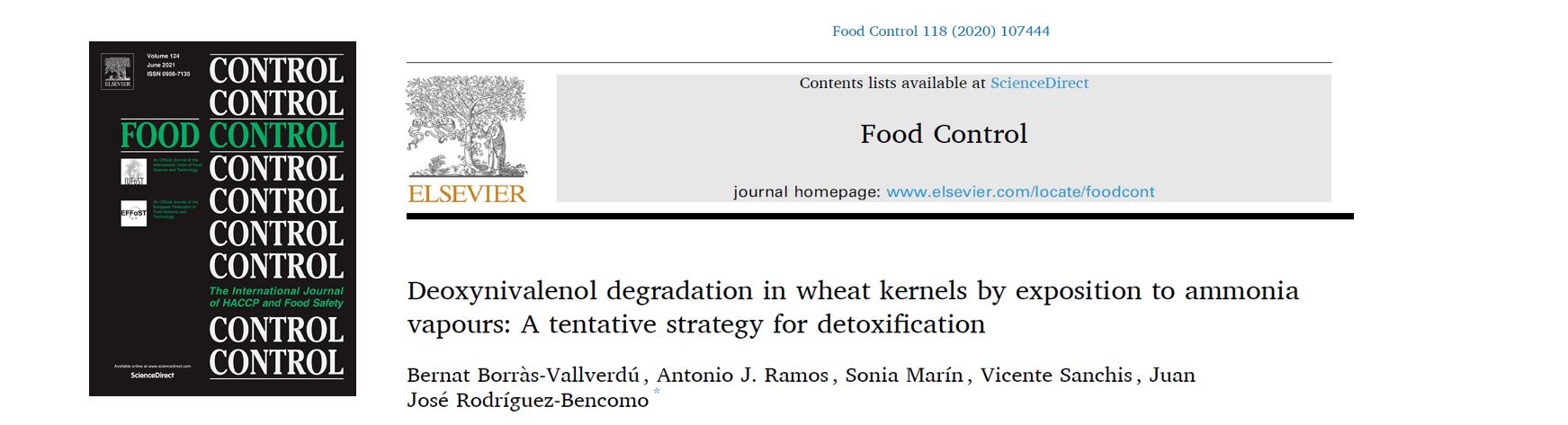 Portada Deoxynivalenol degradation in wheat kernels by exposition to ammonia vapours: A tentative strategy for detoxification.