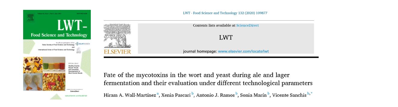 Portada Fate of the mycotoxins in the wort and yeast during ale and lager fermentation and their evaluation under different technological parameters.