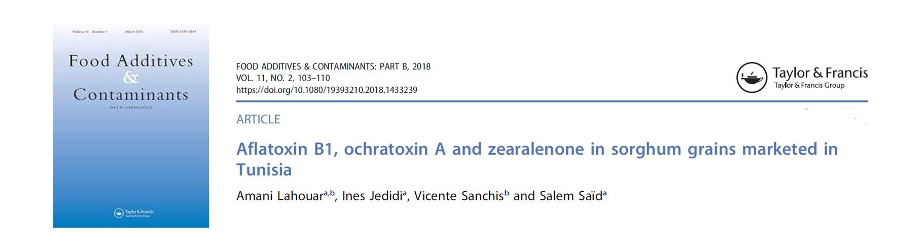Portada Aflatoxin B1, ochratoxin A and zearalenone in sorghum grains marketed in Tunisia.