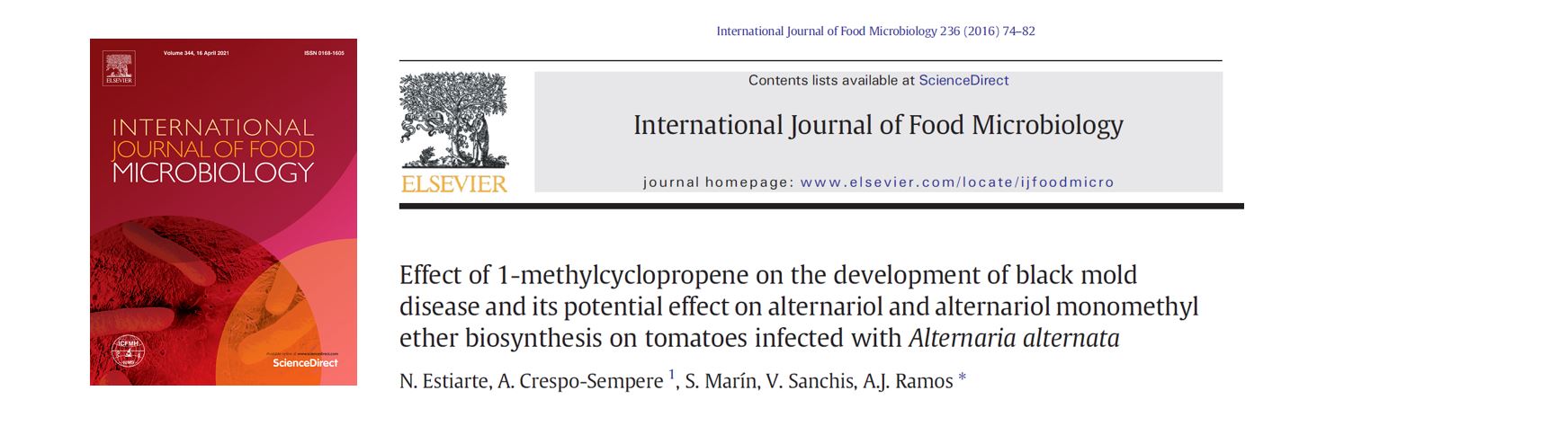 Portada Effect of 1-methylcyclopropene on the development of black mold disease and its potential effect on alternariol and alternariol monomethyl ether biosynthesis on tomatoes infected with Alternaria alternata.