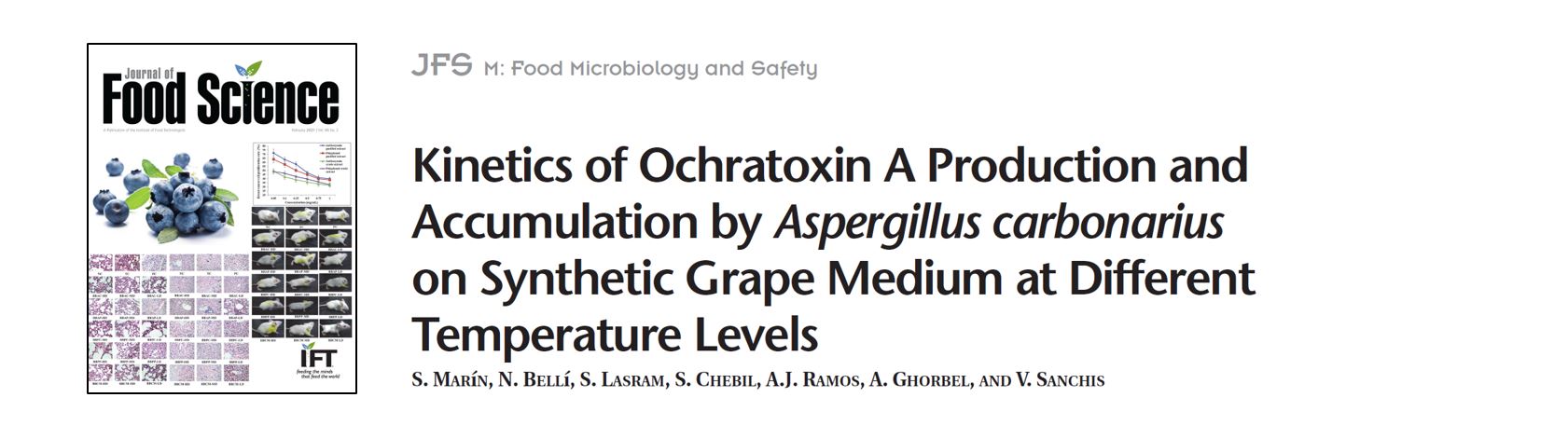 Portada Kinetics of ochratoxin A production and accumulation by Aspergillus carbonarius on synthetic grape medium at different temperature levels.